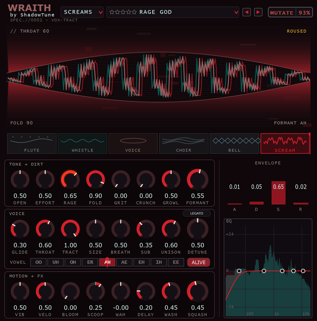 WRAITH plugin interface — CHARACTER ribbon, TONE + DIRT, VOICE and MOTION + FX controls, envelope and live EQ